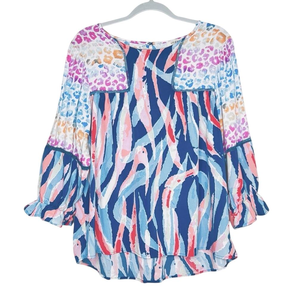Umgee Mixed Print Boho Blouse Teal Blue Large L Rainbow Coastal Beachy Top